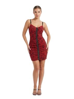 Vintage Betsey Johnson Red Black Tattoo Graphic Ruched Bodycon Tank Dress Y2K S